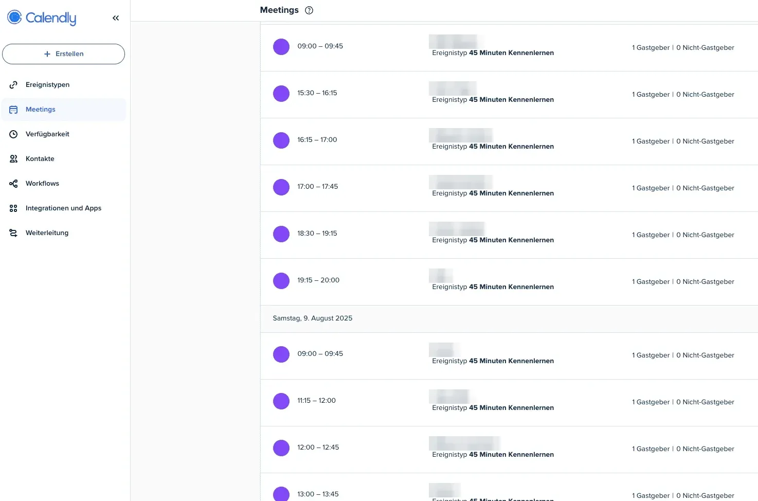 Calendly: booked intro calls, names blurred