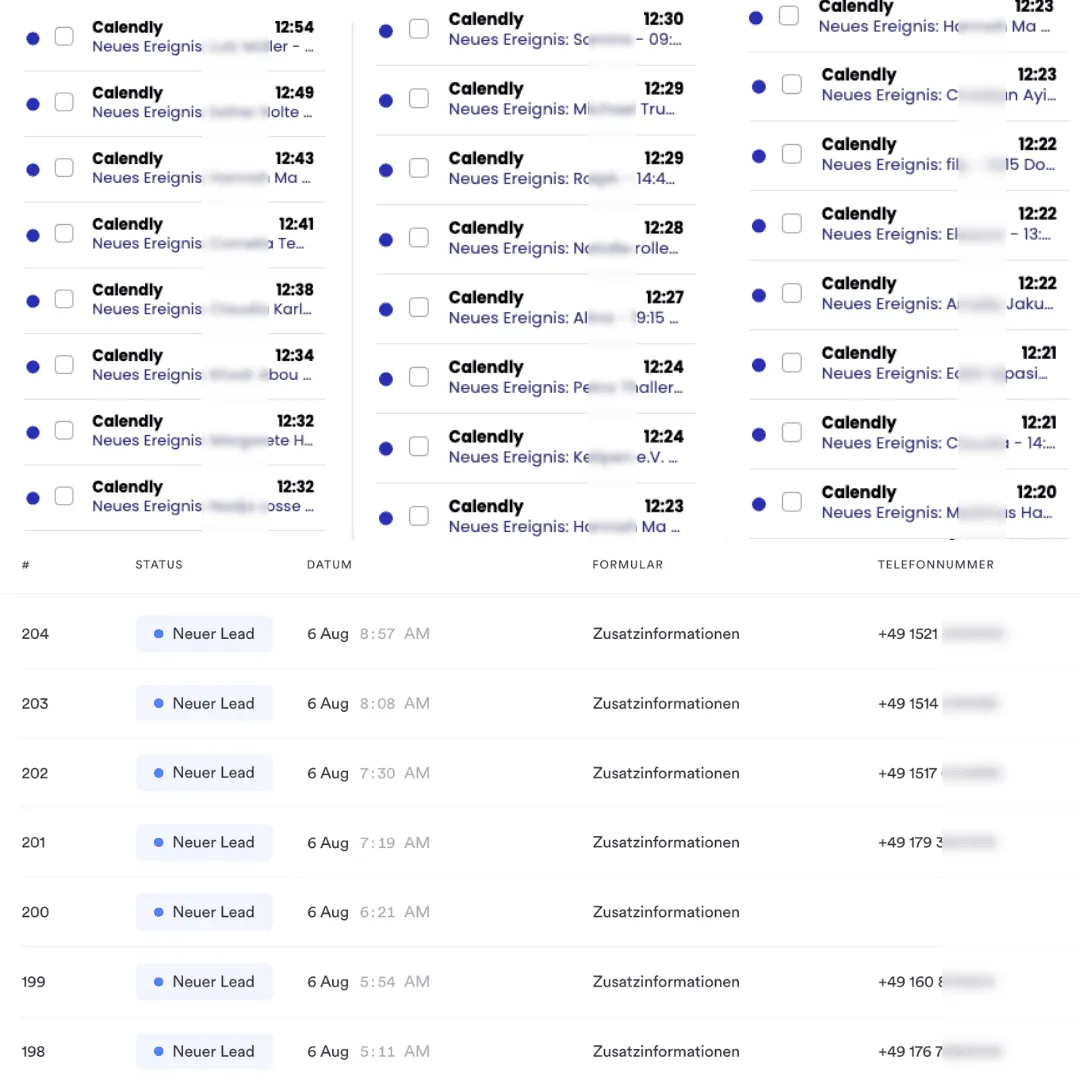 Booked calls and new leads, names blurred