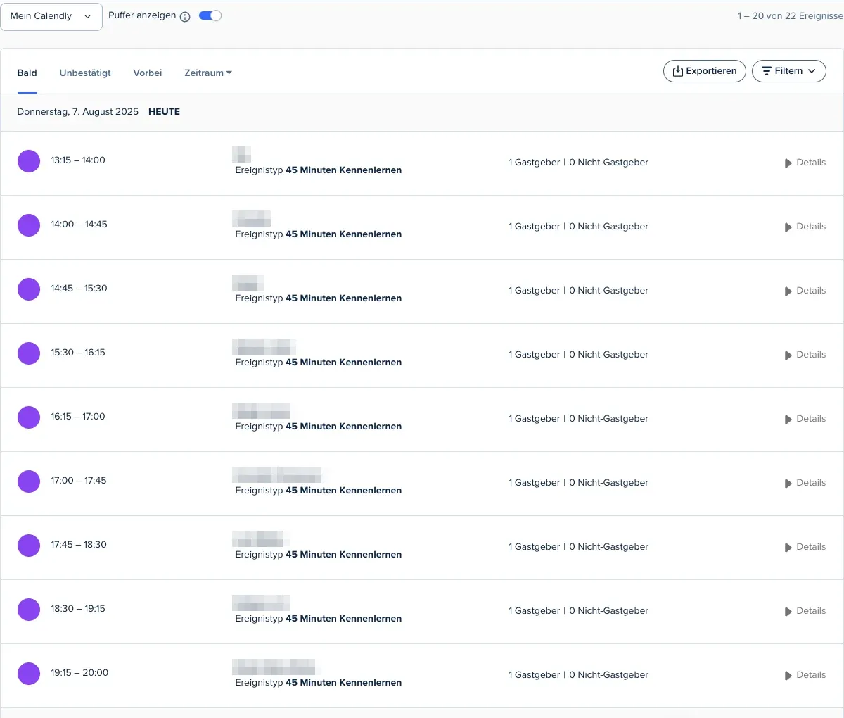 Booked intro calls, day 1, names blurred