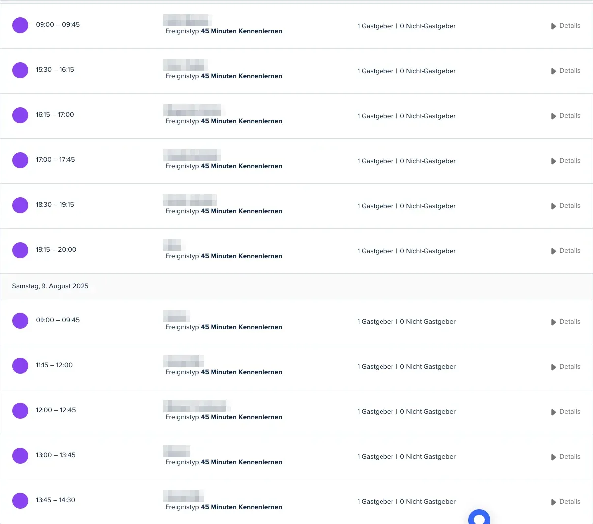 Booked intro calls, days 2 and 3, names blurred