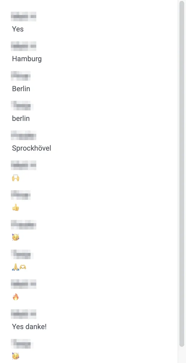 Webinar chat, names blurred
