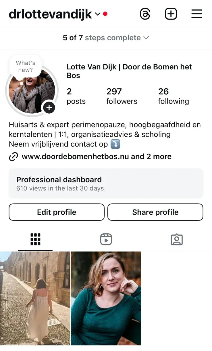 Instagram profile of Dr. Lotte van Dijk with 297 followers, May 2025