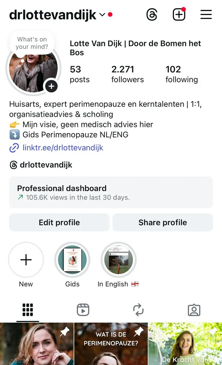Instagram profile of Dr. Lotte van Dijk with 2,271 followers, November 2025