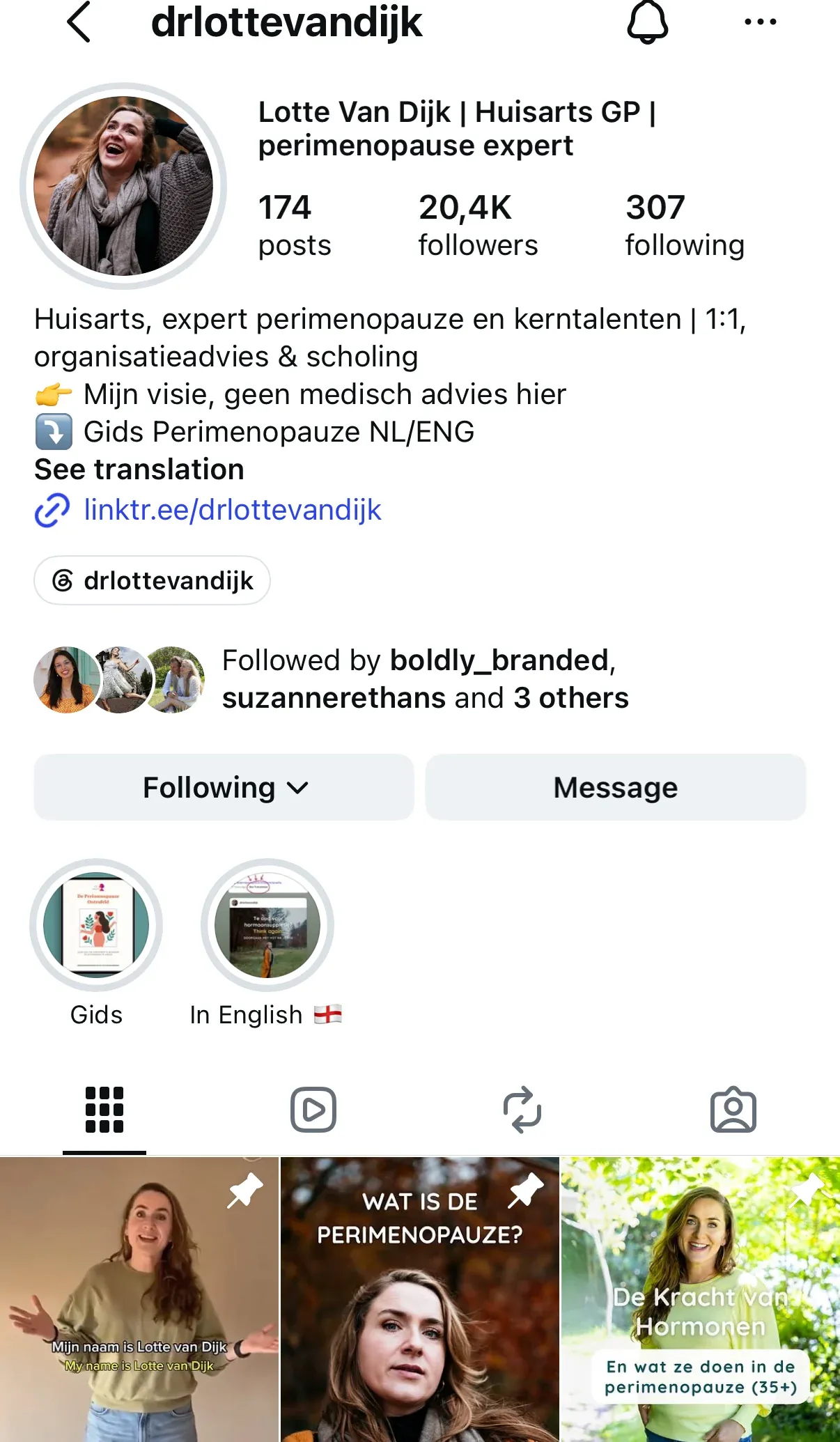 Instagram profile of Dr. Lotte van Dijk with 20,400 followers, October 2026