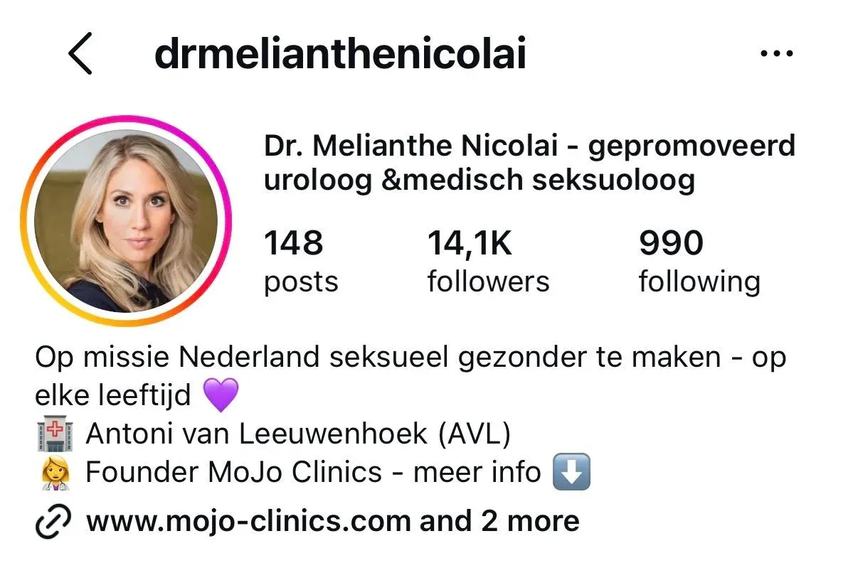 Instagram profile of Dr. Melianthe Nicolai with 14,100 followers, today