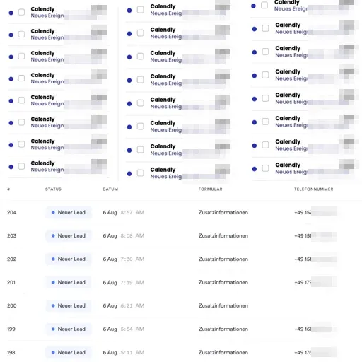 Calendly notifications and new leads, names blurred