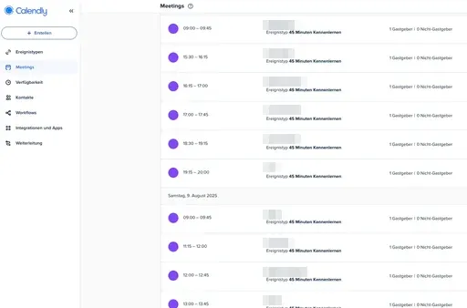 Calendar with booked 45-minute calls, names pixelated