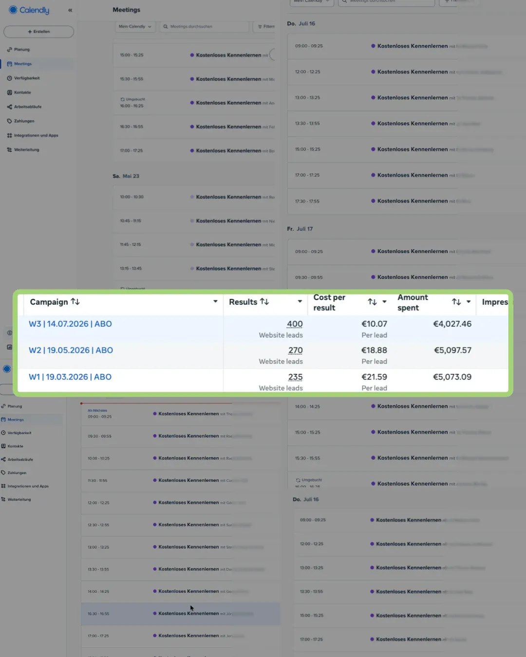 Three campaign waves in the ads manager and booked calls