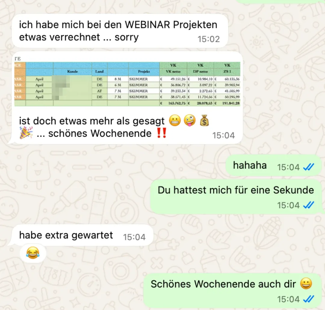 WhatsApp from the client with the revenue overview of the webinar projects, client names blurred